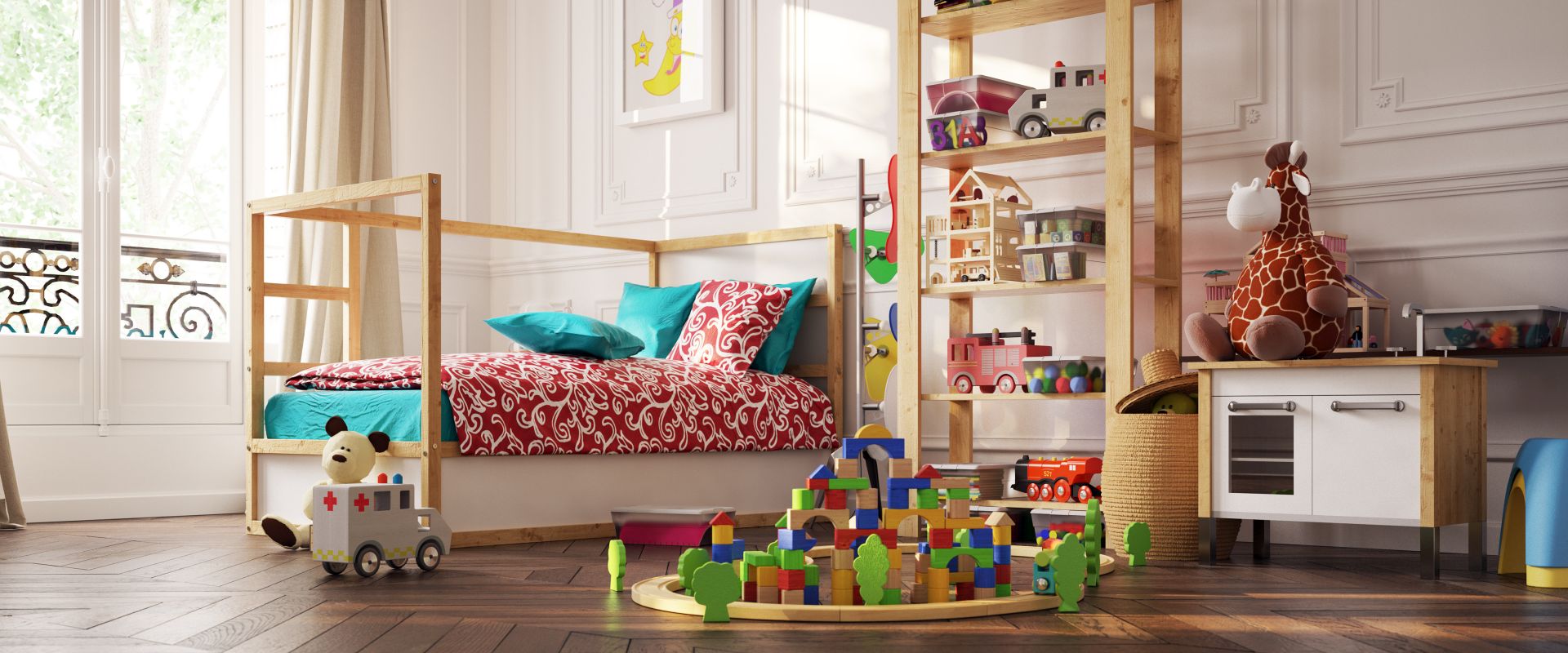 Ein farbenfrohes Kinderzimmer mit Spielzeug, Holzregalen und einem gemütlichen Bett, das kreative und spielerische Elemente perfekt kombiniert. Entdecken Sie Baby Produkte für Komfort und Spaß.