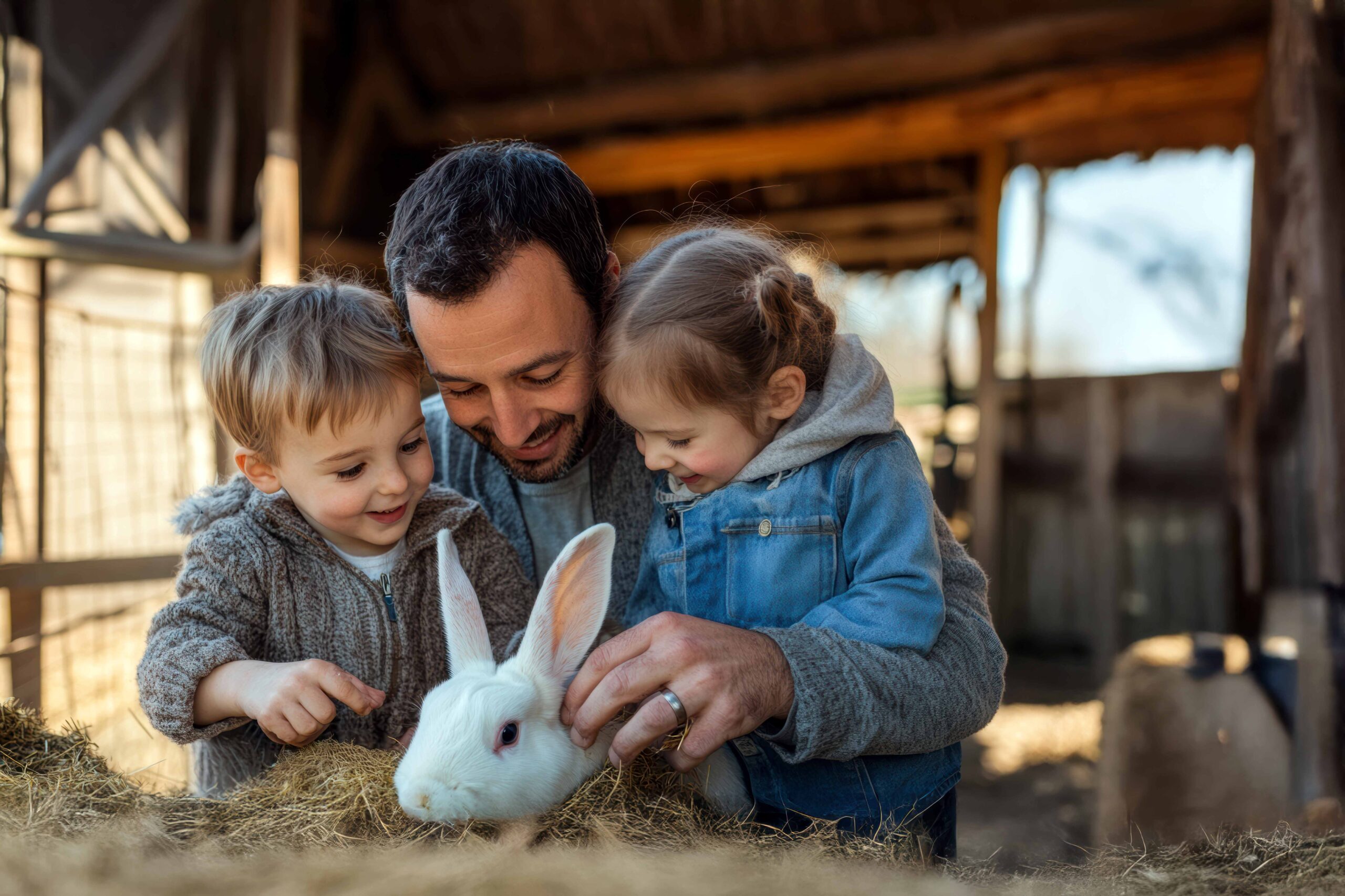 Kinder genießen einen warmen Moment, während sie an einem sonnigen Tag auf dem Bauernhof ein Kaninchen streicheln.