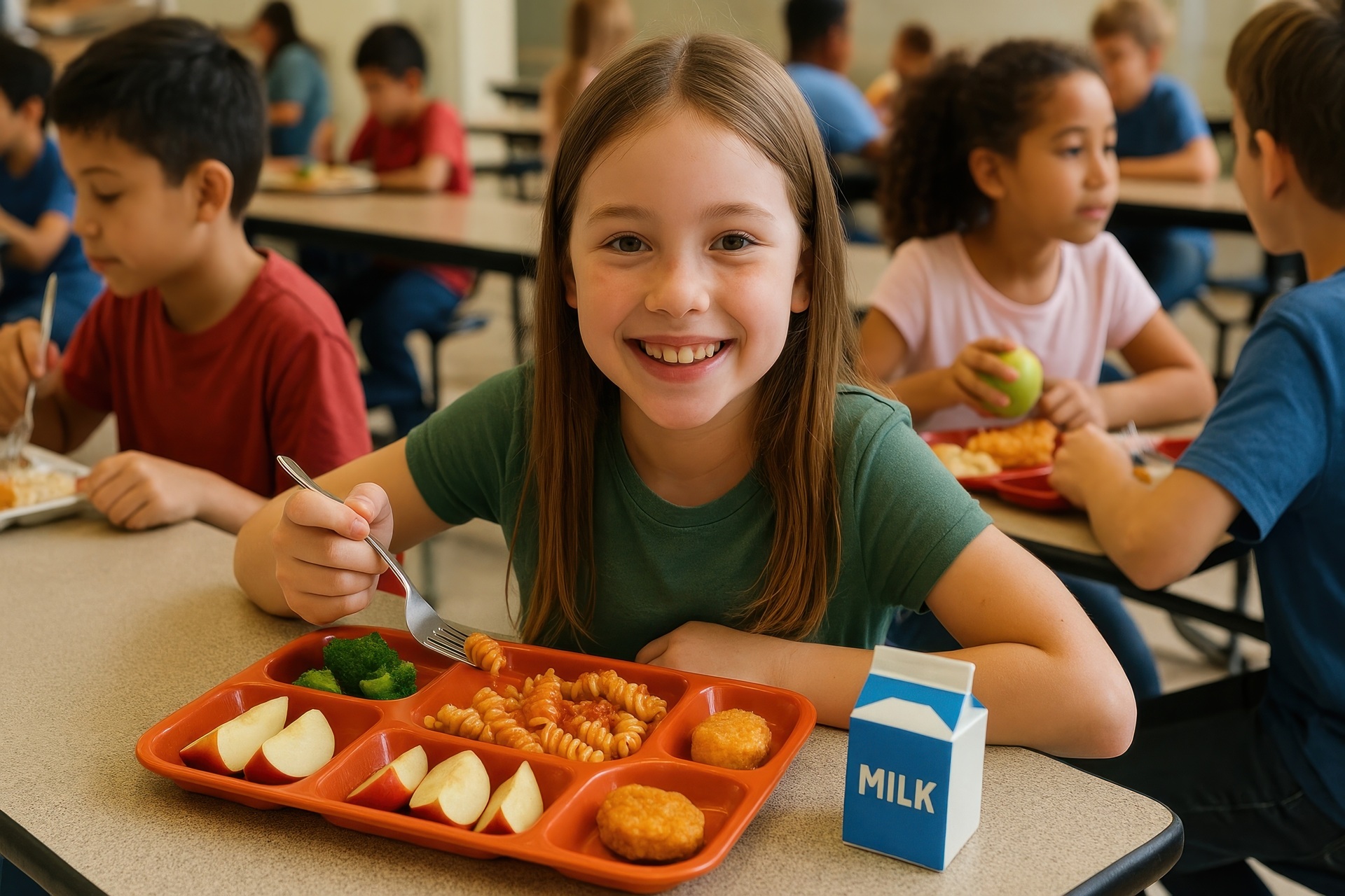 Mädchen mit Tablett voller Schulessen | Manuka Honig