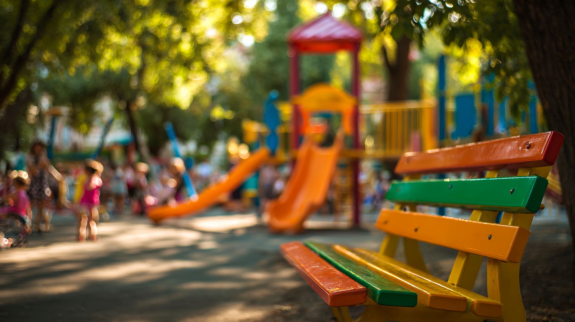 Bunte Parkbank im Vordergrund mit einem belebten Spielplatz und Rutschen im Hintergrund.